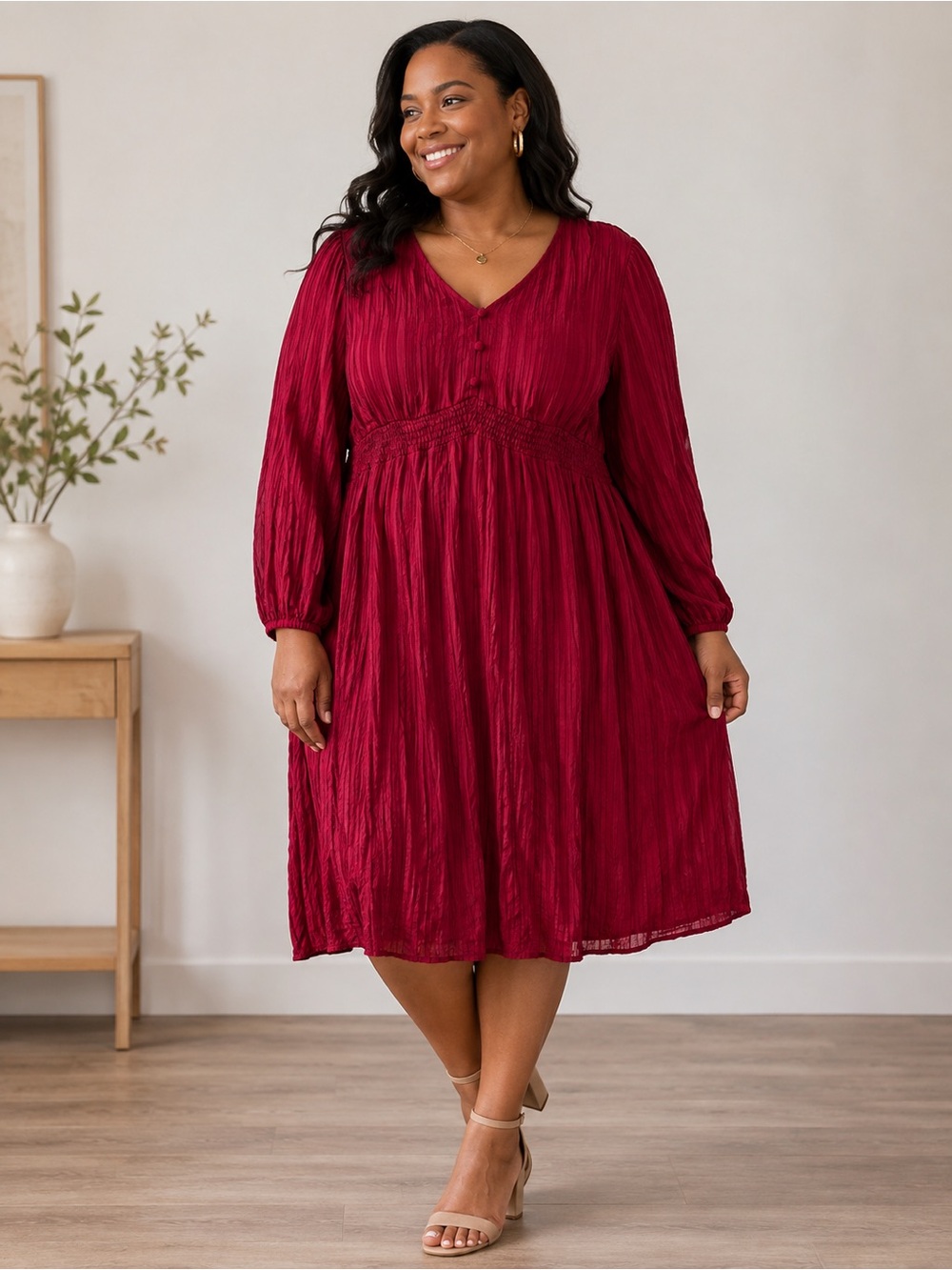 BloomChic Burgundy Button-Front Long Sleeve Midi Dress